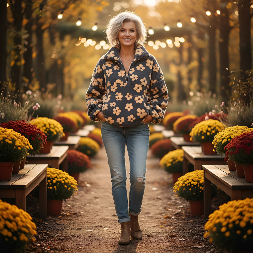 Grażyna | Polarowy Sweter z Kwiatowym Nadrukiem