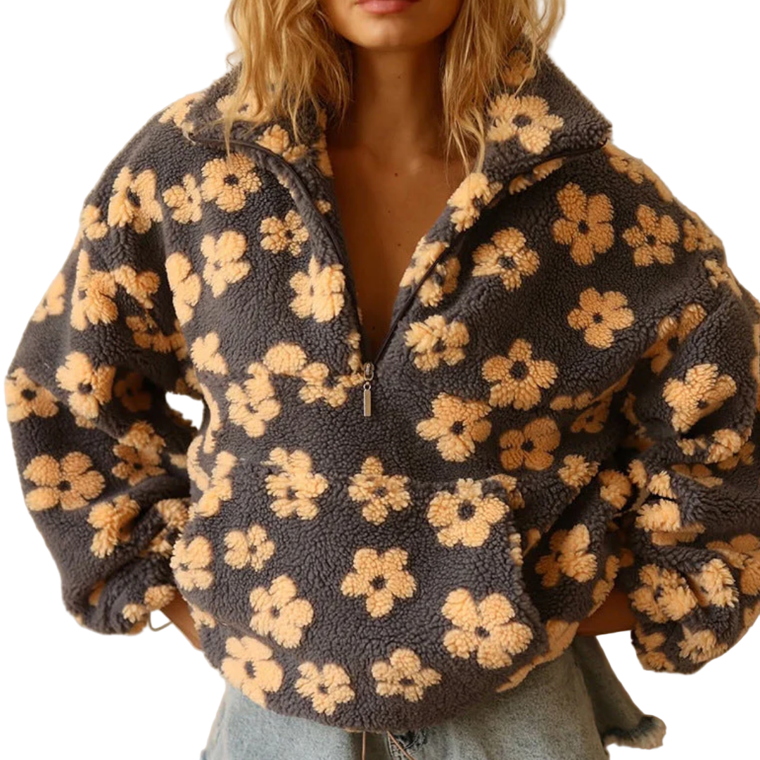 Grażyna | Polarowy Sweter z Kwiatowym Nadrukiem