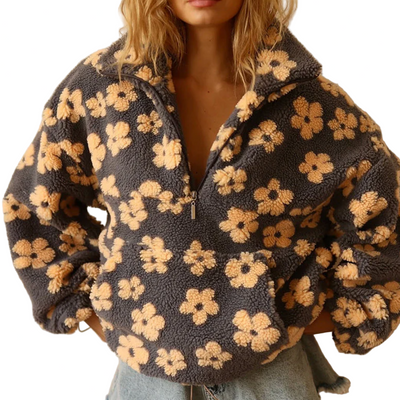 Grażyna | Polarowy Sweter z Kwiatowym Nadrukiem