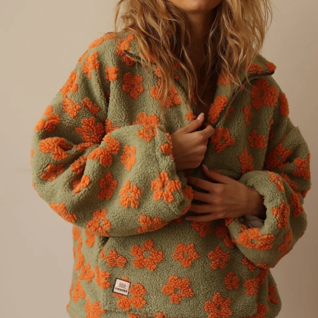 Grażyna | Polarowy Sweter z Kwiatowym Nadrukiem