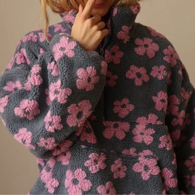 Grażyna | Polarowy Sweter z Kwiatowym Nadrukiem