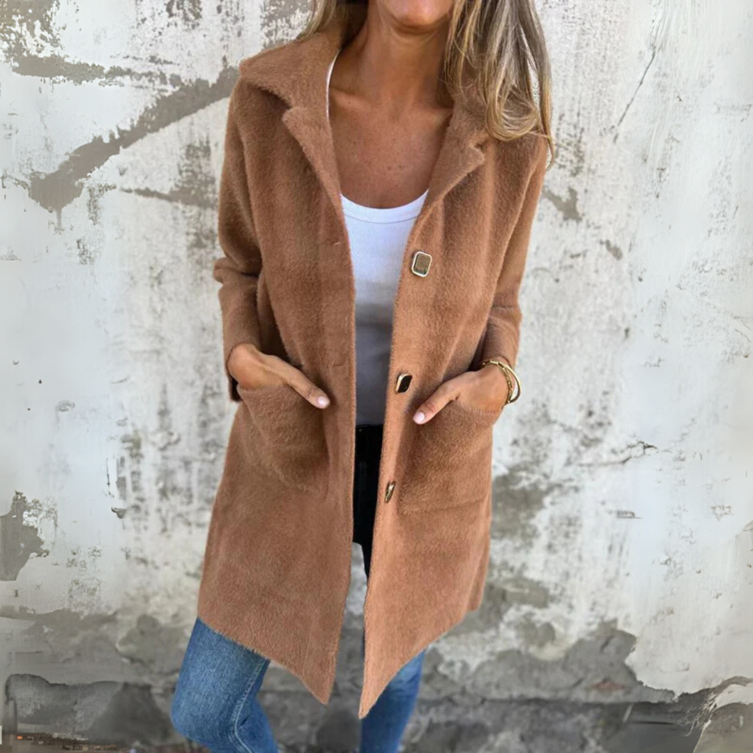 Anna | Klasyczny Jednorzędowy Płaszcz z Kołnierzem z Klapami