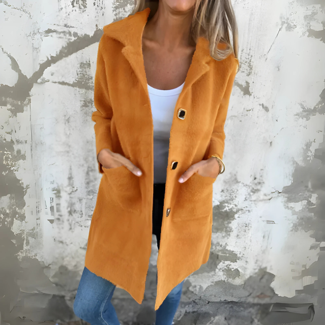 Anna | Klasyczny Jednorzędowy Płaszcz z Kołnierzem z Klapami